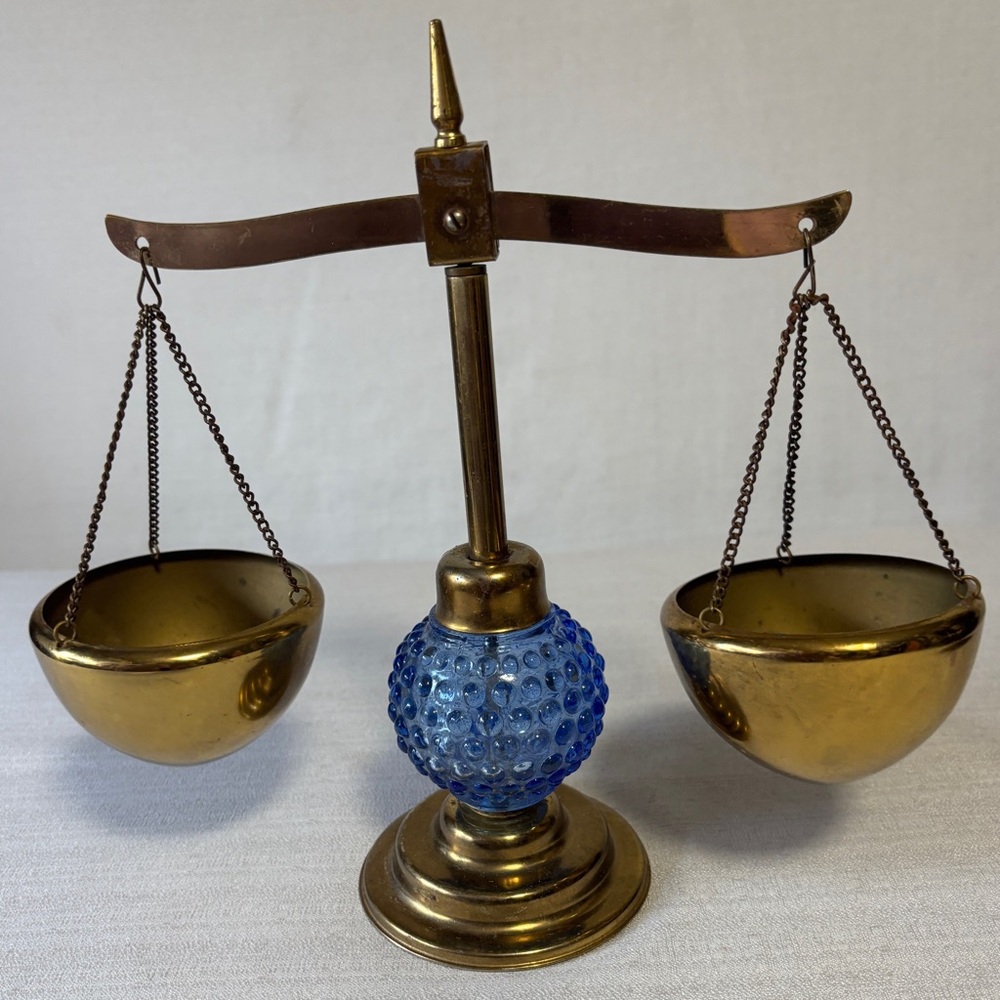 VTG Brass Plated Scales of Justice Blue Hobnail Glass Base MCM 50-60’s decor